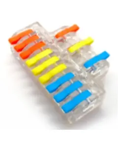 SOLLEYSEC elektromos gyorscsatlakozó kapocs WAGO család termékeire hasonlít, 3+9 12 tű, 3 eres vezetéket háromfelé oszt, névleges feszültség: 250V, névleges áram: 32A, vezetékek átmérő: 0,08-4,0 mm, rugó: rozsdamentes acél, csatlakozó: réz