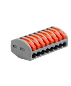 WAGO rendszerű gyorscsatlakozó Névleges feszültség (V): 450 Névleges áram (A): 32, Huzalátmérő (AWG/mm): 0,14(0,2)-4mm, Feszültség ellenállás (KV): 2.5, Szalaghossz (mm: 11, Pólusok száma (p): 8, Srapnel: Rozsdamentes acél, Érintkezési anyag: Nikkel ón